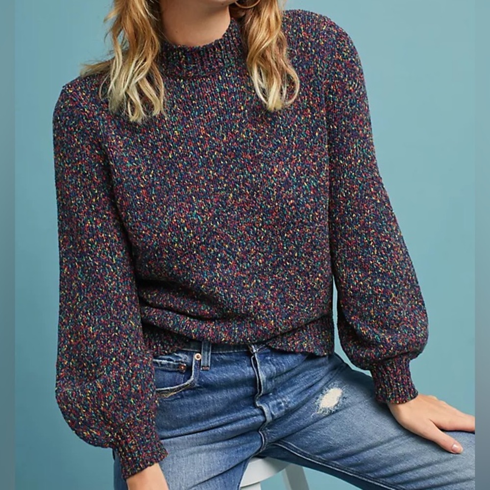 Anthropologie Seen Kept Worn confetti multicolored puff sleeve sweater size M